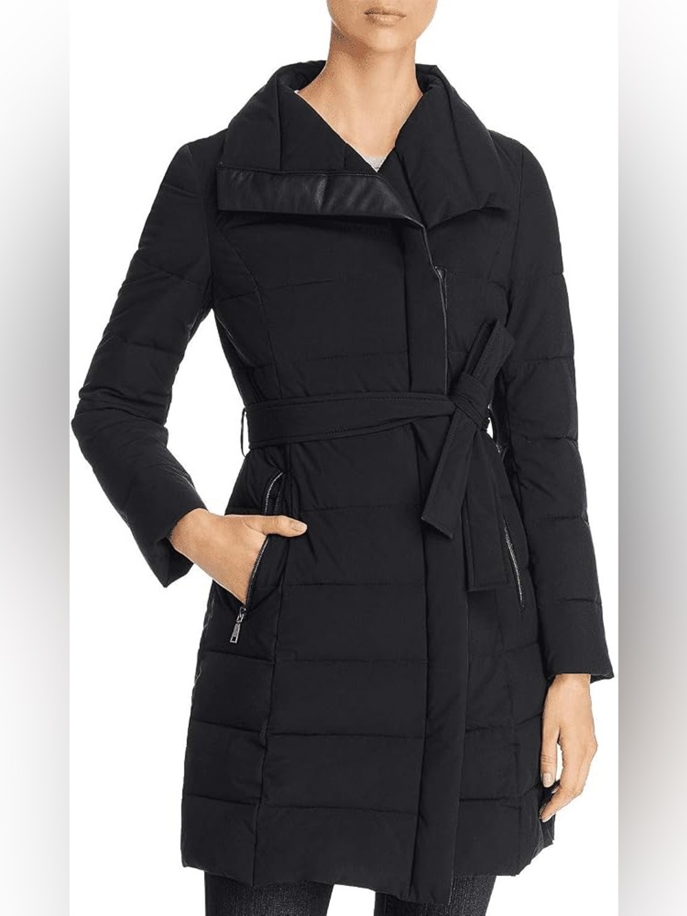 Tahari Puffer Coat Black Women's Quilted Puffer Coat with Asymmetrical Zip